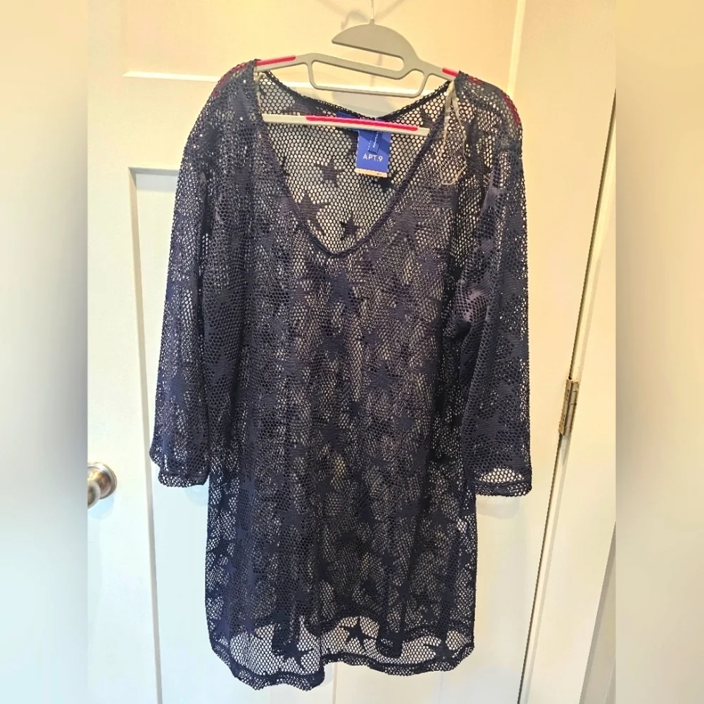 NWT! APT. 9 Swim Coverup, Navy Blue Stars, Sheer Mesh, Short Sleeve 2x - Picture 1 of 11